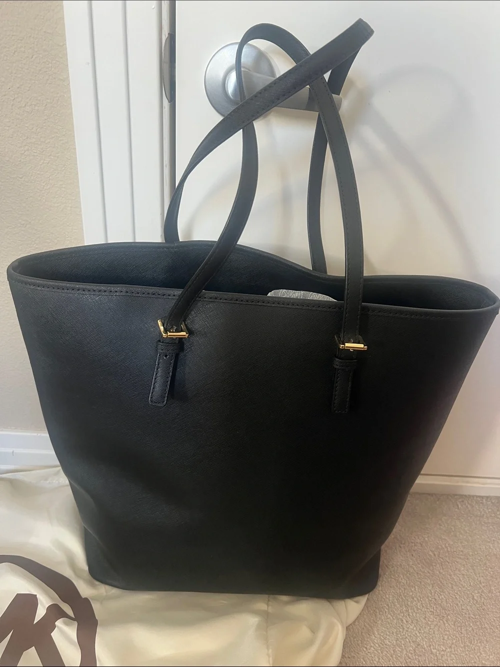 Michael Kors Black Leather Tote with Gold Accent Charm